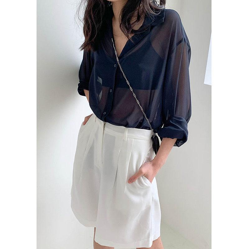 Women Sexy See-through Blouse Summer Mesh Transparent White T-Shirts Long Sleeve Casual Tops Y2k Korean Fashion Button Cardigan