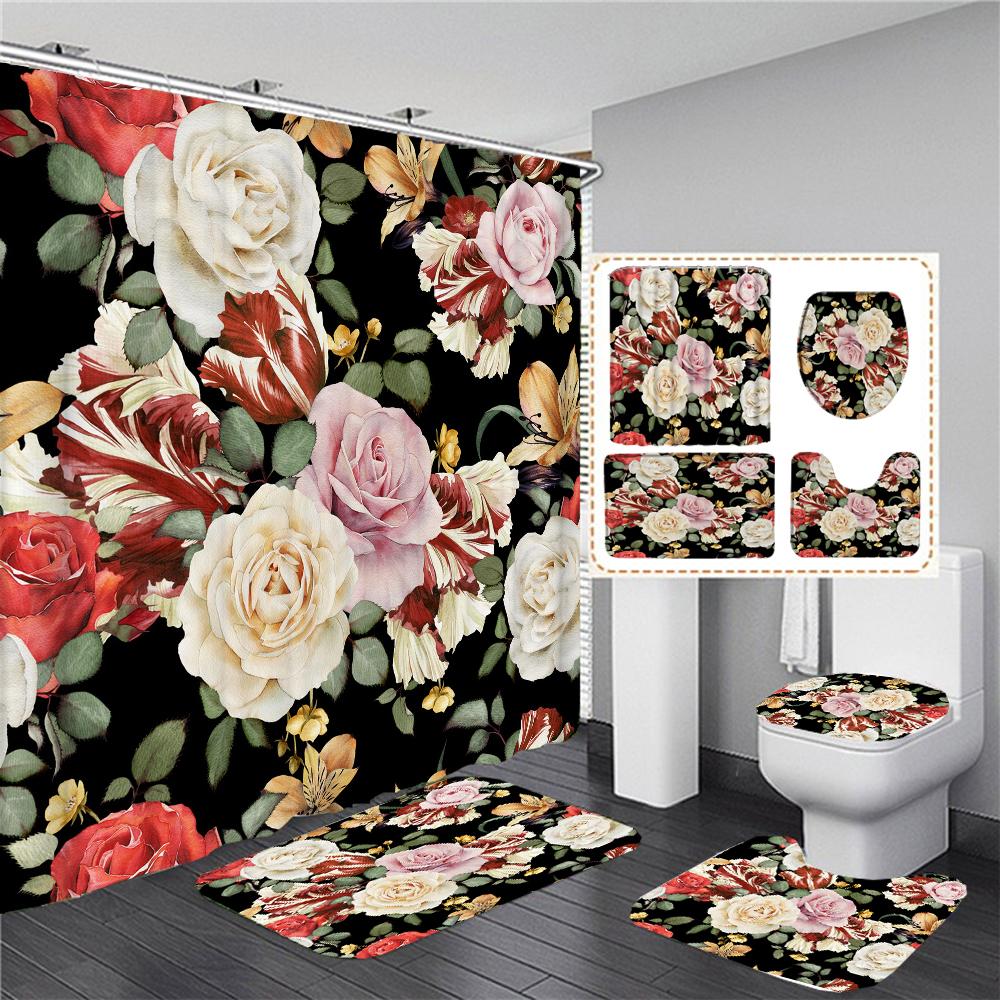 Flower Print Shower Curtain European Style Floral Waterproof Bathroom Curtains Home Decoration Non-Slip Rugs Bath Mat Set
