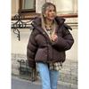 Women Autumn Hooded Short Cotton Coat Casual Brown Stand Collar Full Sleeve Loose Jacket Chic Lady Winter Office Commute Outwear