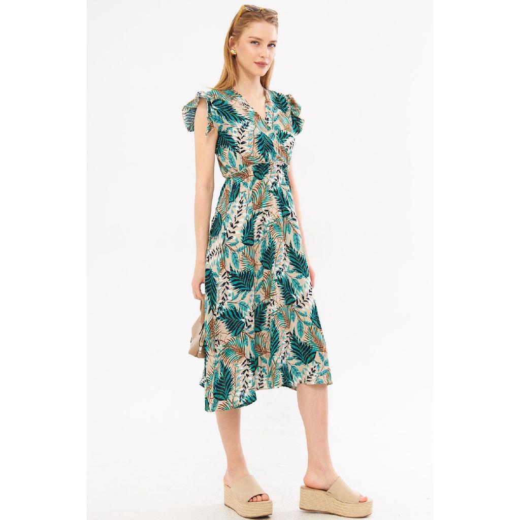 Vestido midi beige para mujer, cuello cruzado, volantes en los hombros, cintura elástica, largo midi, mangas 24y001020