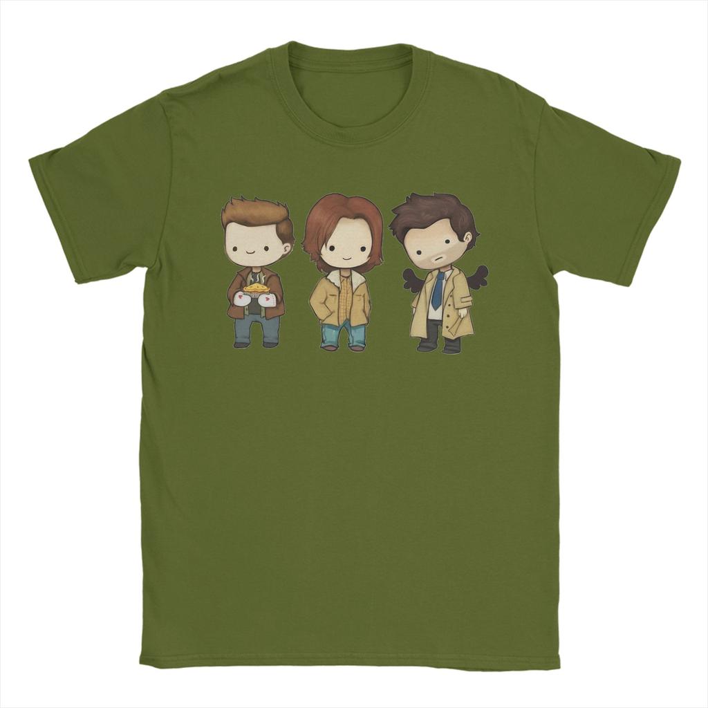 Humor Sam Dean Castiel Supernatural Chibi TShirt Men Round Neck Pure Cotton T Shirts TV Shows Short Sleeve Tees Gift Tops