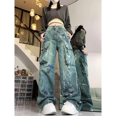 Women Blue Graffiti Cargo Jeans Baggy Vintage Korean Cowboy Pants Harajuku Denim Trouser 90s Aesthetic Y2k 2000s Trashy Clothes