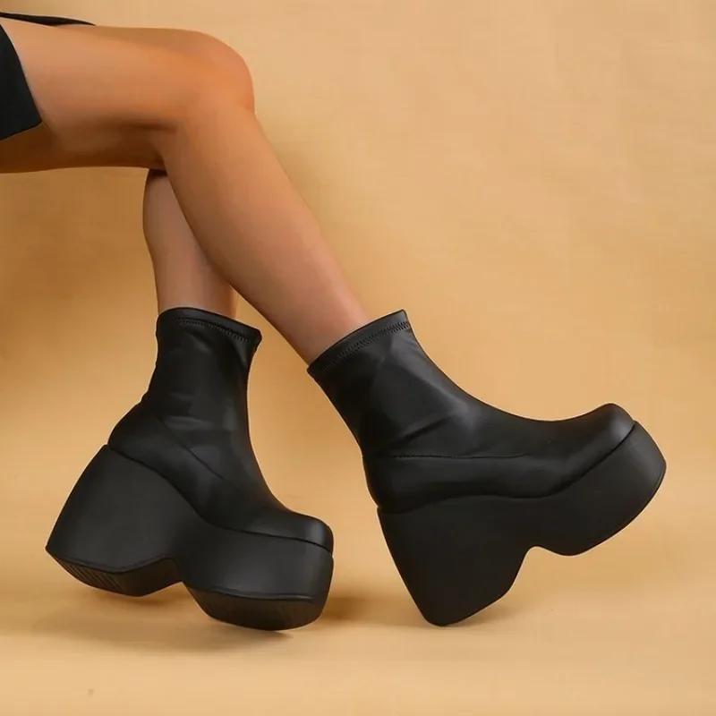 High Quality Shoes Female Sleeve Women's Boots Winter Round Toe Solid Short Barrel Platform Wedge Plus Size Naked Boots