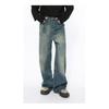 Korean-style distressed vibe design retro blue casual wide-leg straight men's jeans trendy