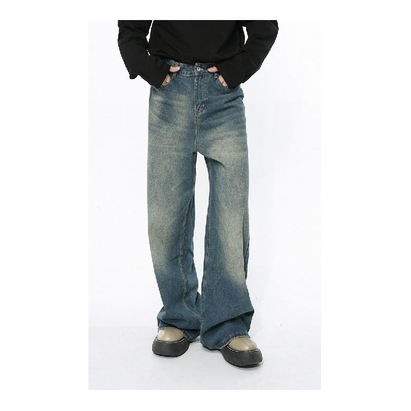 Korean-style distressed vibe design retro blue casual wide-leg straight men's jeans trendy