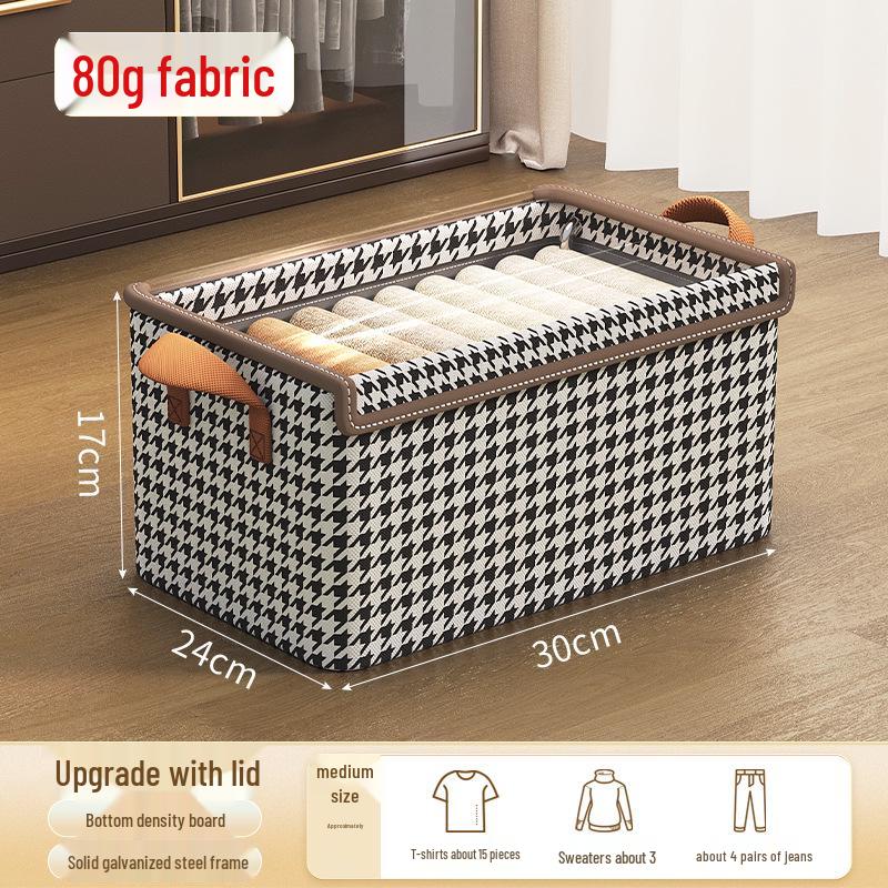 Houndstooth Foldable Quilt Storage Box with Lid - Large Wardrobe Bin for Clothes & Pants.