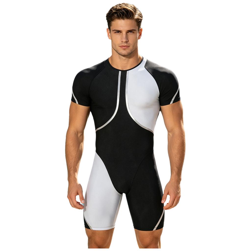 Men‘s Metallic Trim Color Block Swim Jumpsuit Short Sleeve Thigh Length Bodysuit with Back Hidden Zipper for Swimming Training