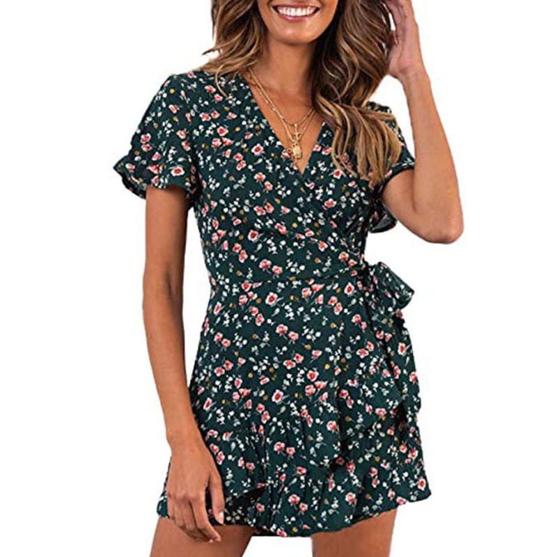 Summer V-neck Printed Short-sleeved Skirt, Lace-up Ruffled Dress, Fashionable, Sexy, Elegant and Generous Ladies Long Skirt