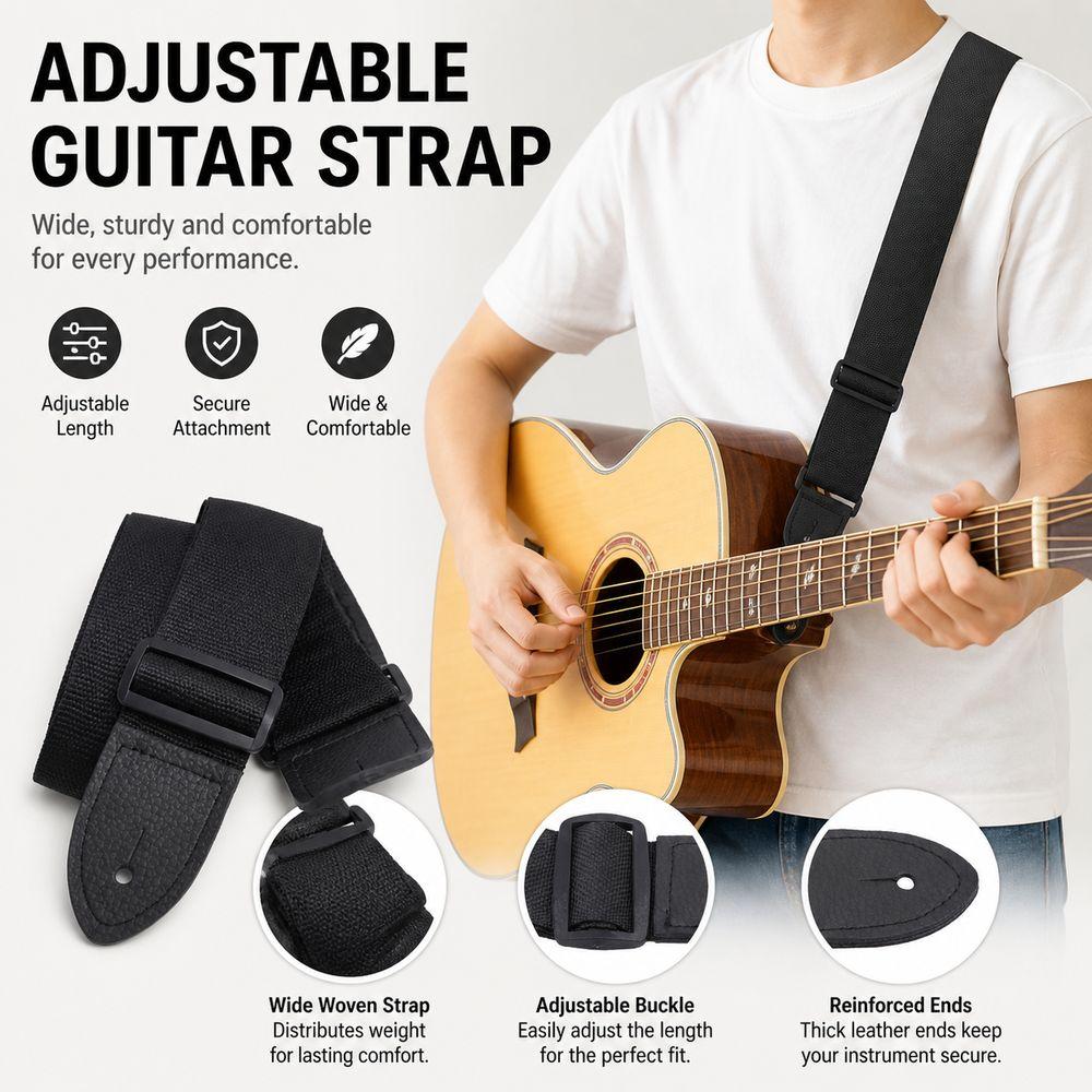 1PC Adjustable Guitar Strap Wide Black Acoustic Guitar Strap Woven Fabric Music Performance Electric Guitar Strap
