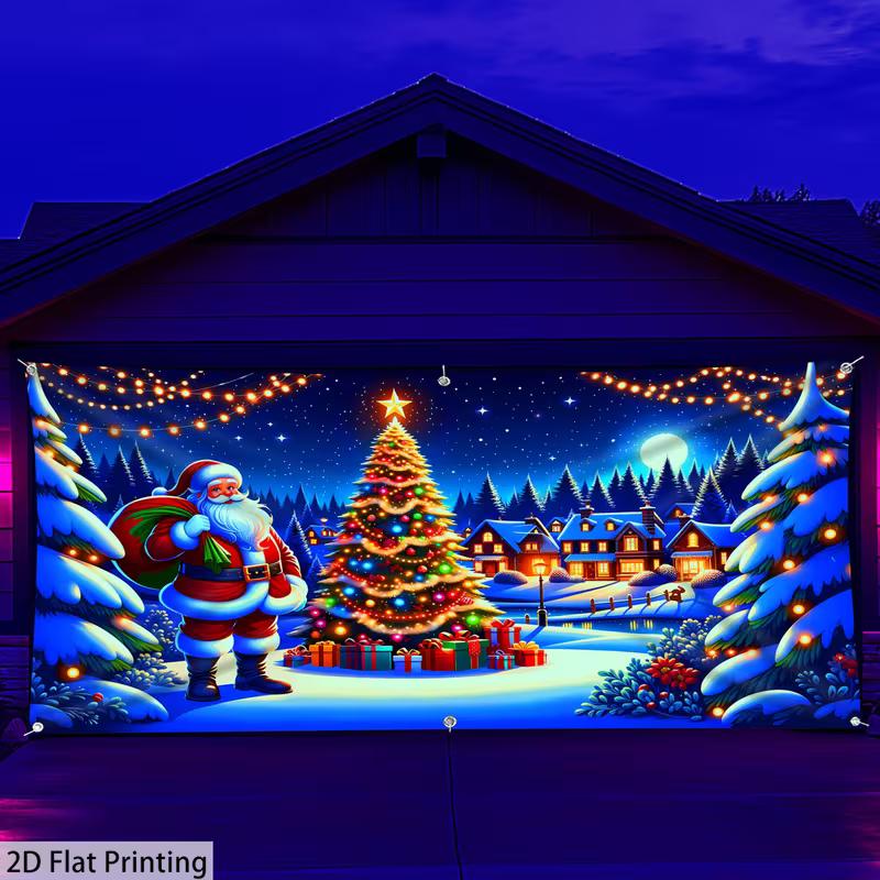 2D Christmas Garage Door Backdrop Santa Claus & Lit Tree Photography Background