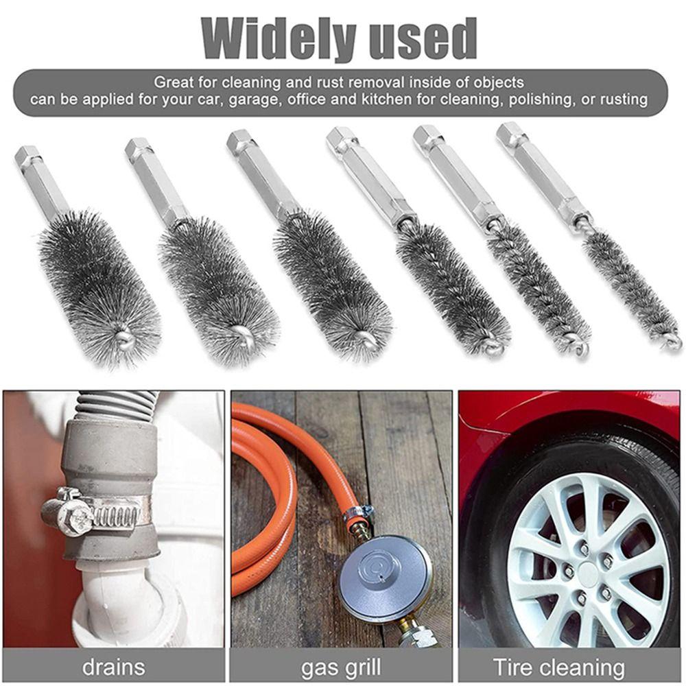 6PCS 8/10/12/15/17/19MM Bristles Wire Brush Twisted Wire Bore Brushes  Rust, Cleaning Tubes