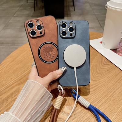 Kožené pouzdro Astronaut pro iPhone 16 15 14 Plus 13 12 Pro Max 11 pro bezdrátové nabíjení Magsafe se šňůrkou nárazuvzdorný kryt proti pádu