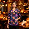 Women's Halloween Print V-Neck Scrub Top with Pockets and Side Slits - Three-Quarter Sleeve Casual Uniform