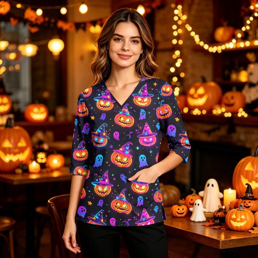 Women's Halloween Print V-Neck Scrub Top with Pockets and Side Slits - Three-Quarter Sleeve Casual Uniform