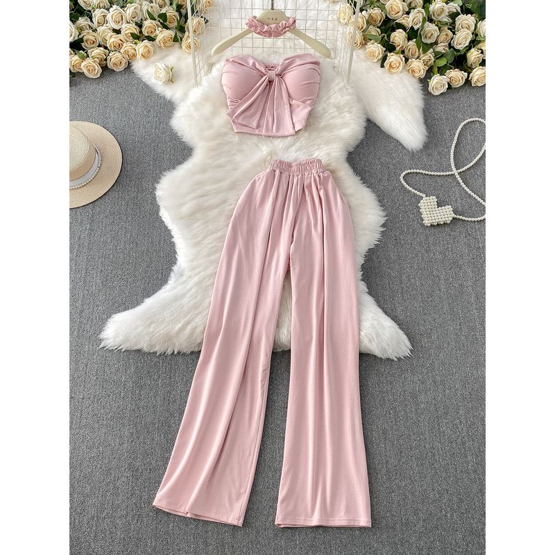 Pure Desire Style Sexy Lace-up Short With Chest Pad Tube Top Hanging Neck Top + High Waist Slimming Wide Leg Pants Two-piece Suit