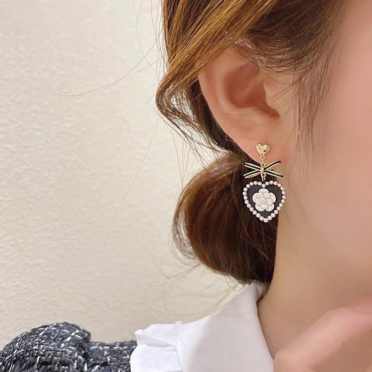 2024 Silver Needle Camellia Bow Heart Stud Earrings