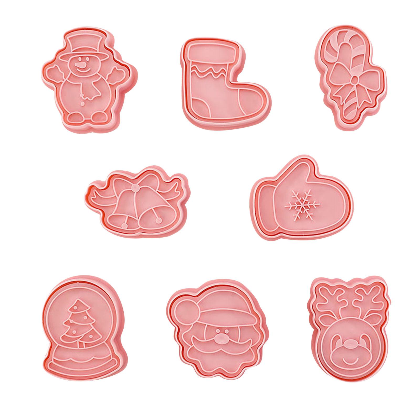 

Christmas Cookie Cutters Set 8 Pieces Snowman Santa Claus Reindeer Stocking Candy Cane Bell Mitten Tree Snow Globe Shaped Plastic Baking Molds One Size розовый