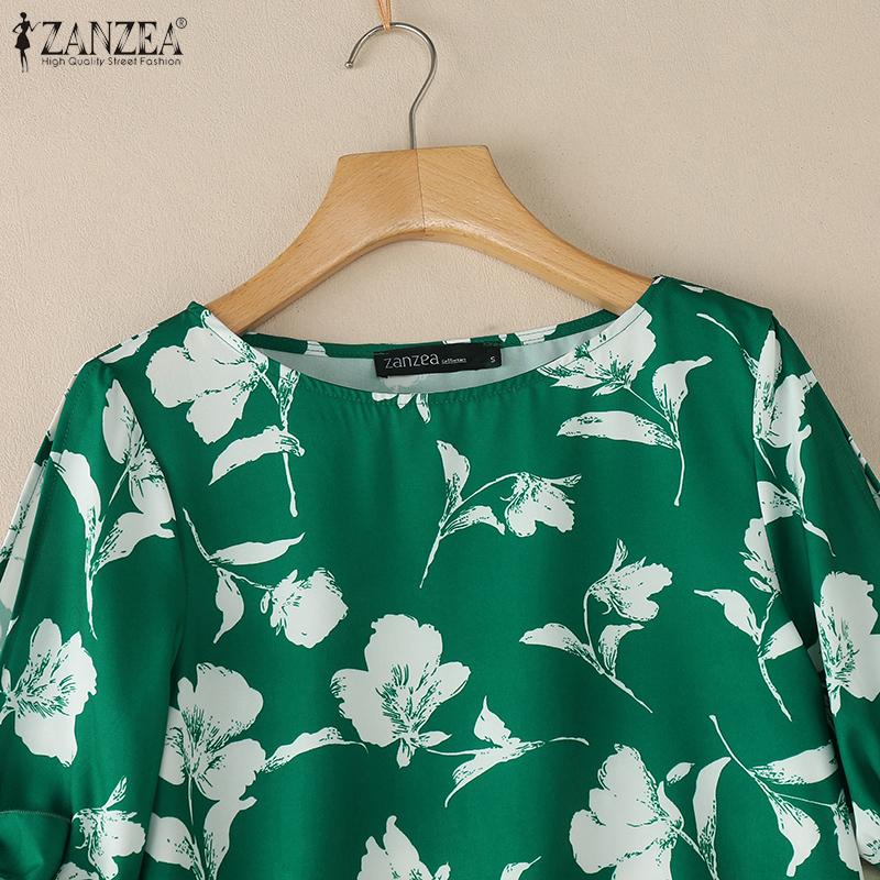 ZANZEA Women Casual Round Neck Lace-Up Half Sleeve Print Blouse