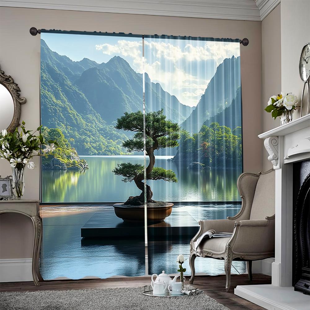 

Set Of 2 Spring Summer Curtains Landscape Bonsai Durable Polyester Decorations Outdoor Use Bedroom Living Room Curtain Light Filtering Ideal For W100*H70(CM)-Hooks&1PCS