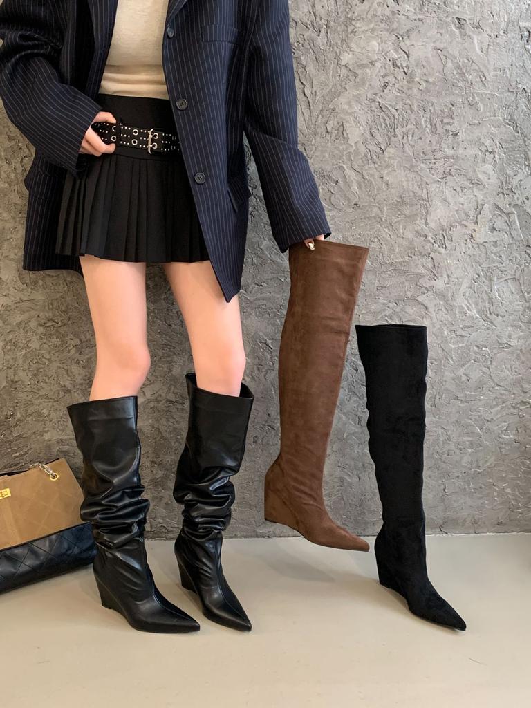 2025 Autumn and Winter New Big Tube Circumference Pointed Toe Over the Knee Boots Slope Heel High Boots Slope Heel Boots Stacking Boots