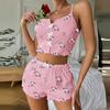 Damen-Pyjama-Set Gerippt Floral Rüschen 2-teilig Nachtwäsche Crop Cami Top und Shorts Weiche Pyjamas Loungewear Set