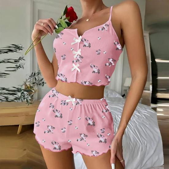 Damen-Pyjama-Set Gerippt Floral Rüschen 2-teilig Nachtwäsche Crop Cami Top und Shorts Weiche Pyjamas Loungewear Set