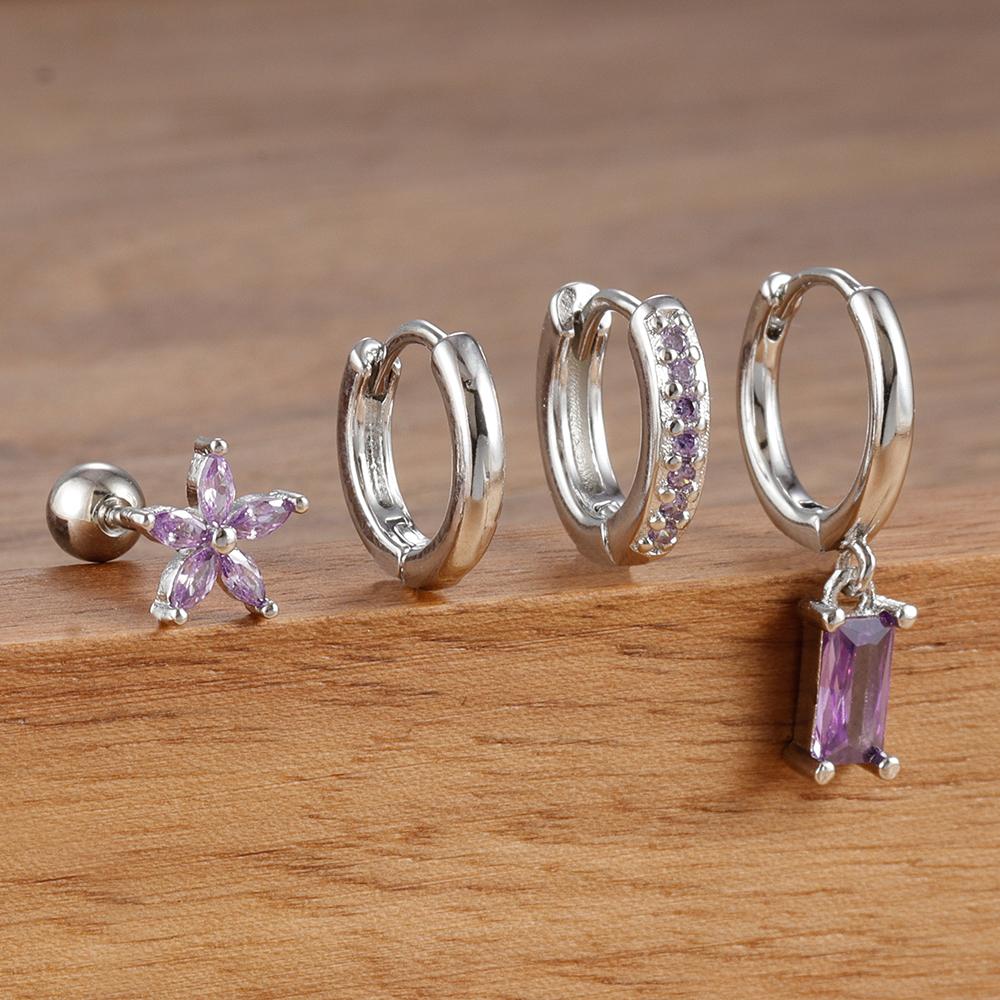 4PCS Exquisite Stainless Steel Flower Square Earrings Set for Women Gold Plated Huggie Dangle Earring Piercing Jewelry aretes