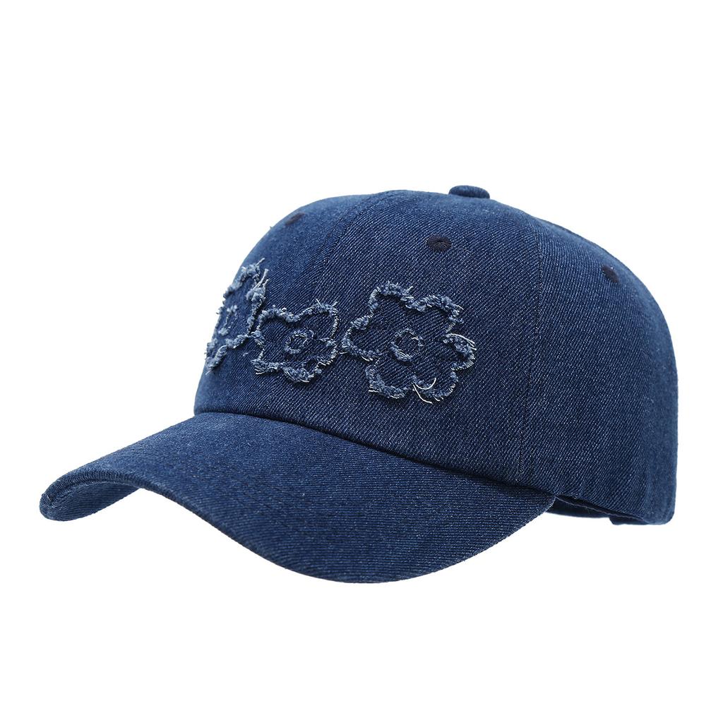 Washed denim edge flower embroidered baseball cap men's and women's simple retro cap outdoor casual sun hat