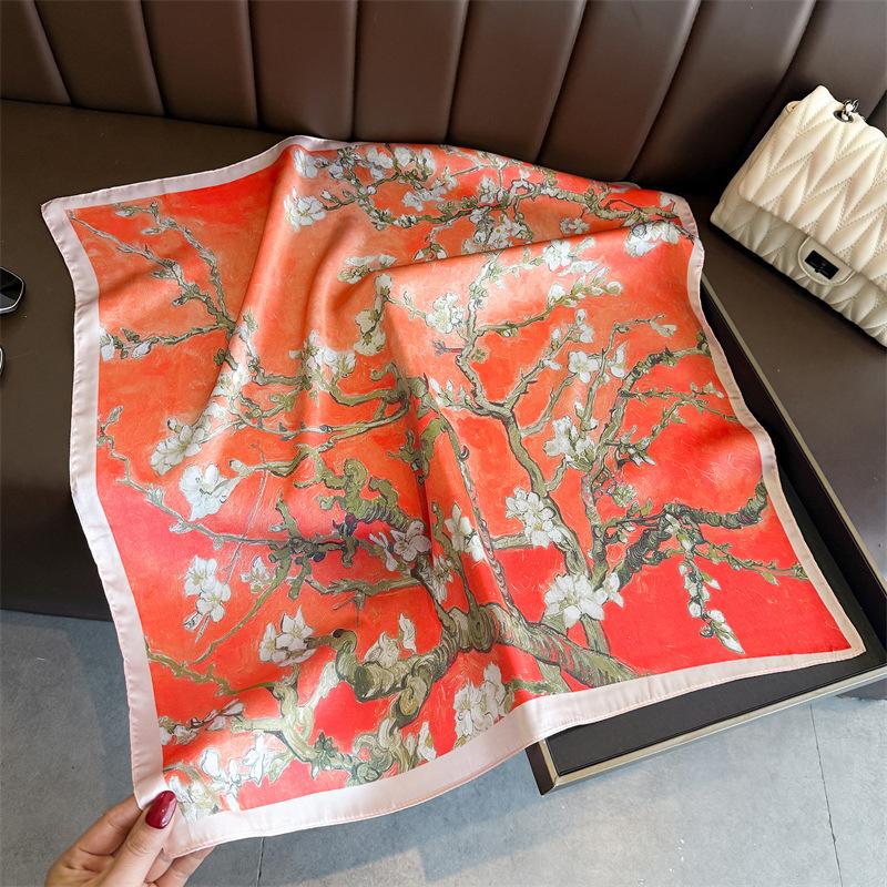 New Magnolia Flower Simulation Silk Printing Silk Scarf Square Scarf Premium Shawl Sunscreen Neck Small Square Scarf Headscarf Scarf