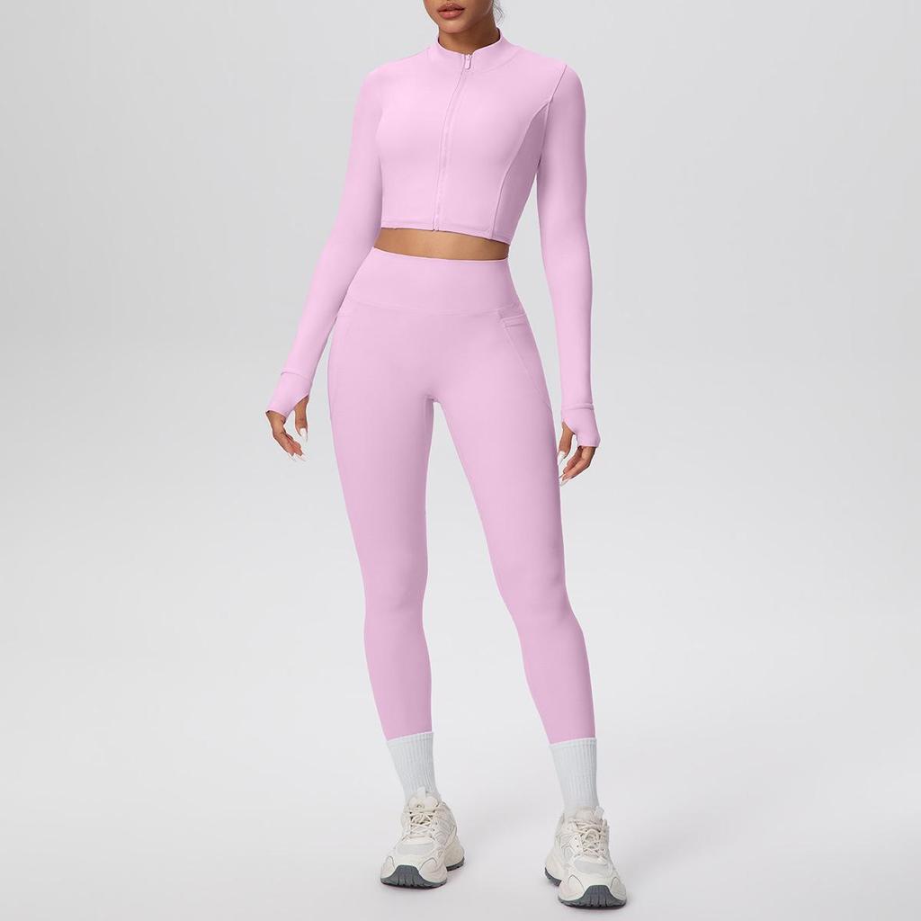Zipper Crop Top Jacket & High-Waist Butt-Lifting Pocketed Pants Sports Set - Perfect for Yoga, Running, & Casual Fitness.