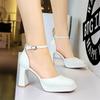 Korean Style Square Head Hollow One-Button High Heel Sandals Waterproof Platform Thick Heel Patent Leather Shiny Fashion Shoes