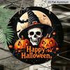 2D Flat Printing, 1pc Halloween Skull And Witch-Themed Round Aluminum Hanging Sign, Bedroom Living Room Office Cafe Club Decor Wall Art