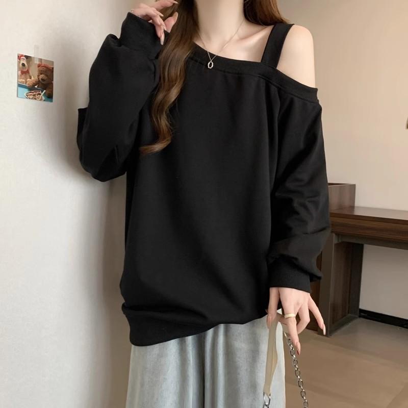 Oblique neck off-the-shoulder sweater women's autumn and winter fleece thickened new loose long-sleeved tops and clothes