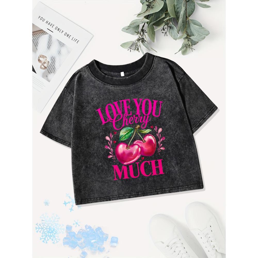 Casual Cotton Crop Tops Womens Love You Cherry Much Printing Washed T-Shirts Street Regular Fit  Sexy Clothes
