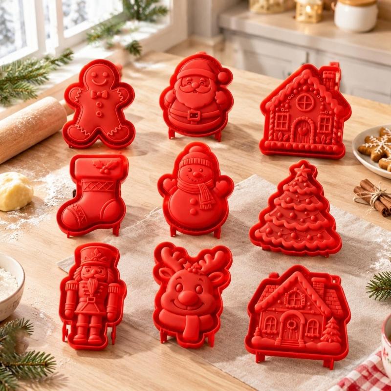 Feiertags-Backformen mit Oberflächenlinien, Neun Weihnachtsfiguren zur Herstellung von gemischten Kuchen und dekorativen Backwaren für saisonale Projekte
