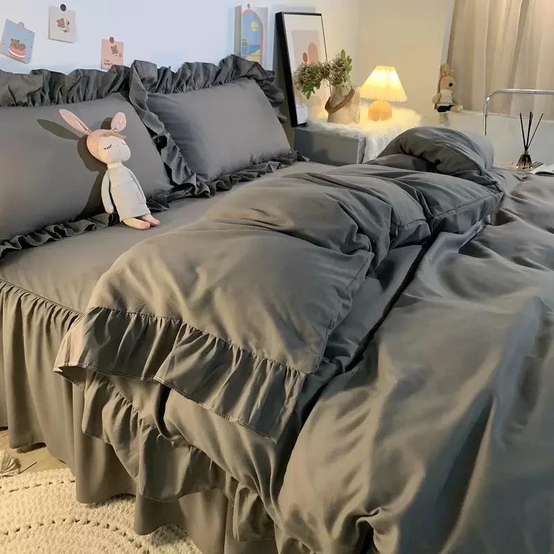 Ins Princess Style Bedding Set For Woman Cute Girl Solid Color Ruffles Duvet Cover Queen King Bed Sheet Bed Skirt Pillow Covers