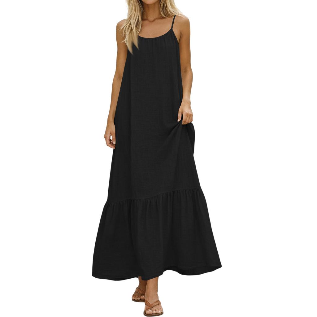 Dames Zomerjurken Spaghetti Bandjes Ronde Hals Gerimpeld Ruches Vloeiend Boho Maxi Jurk