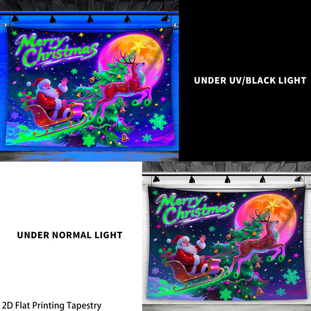 Christmas Dark Santa Reindeer Fluorescent Tapestry Outer Space UV BlackLight Tapestry, Wall Hanging For Living Room Bedroom Office Home Decor
