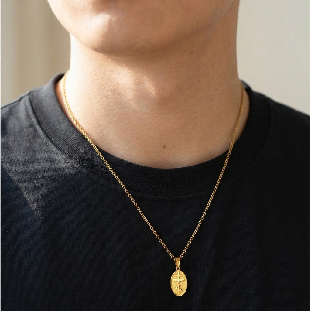 Plain Eastern Orthodox Cross Necklace for Men Women,Gold Plated Stainless Steel Cross Pendant Necklace,Religious Jewelry Gift