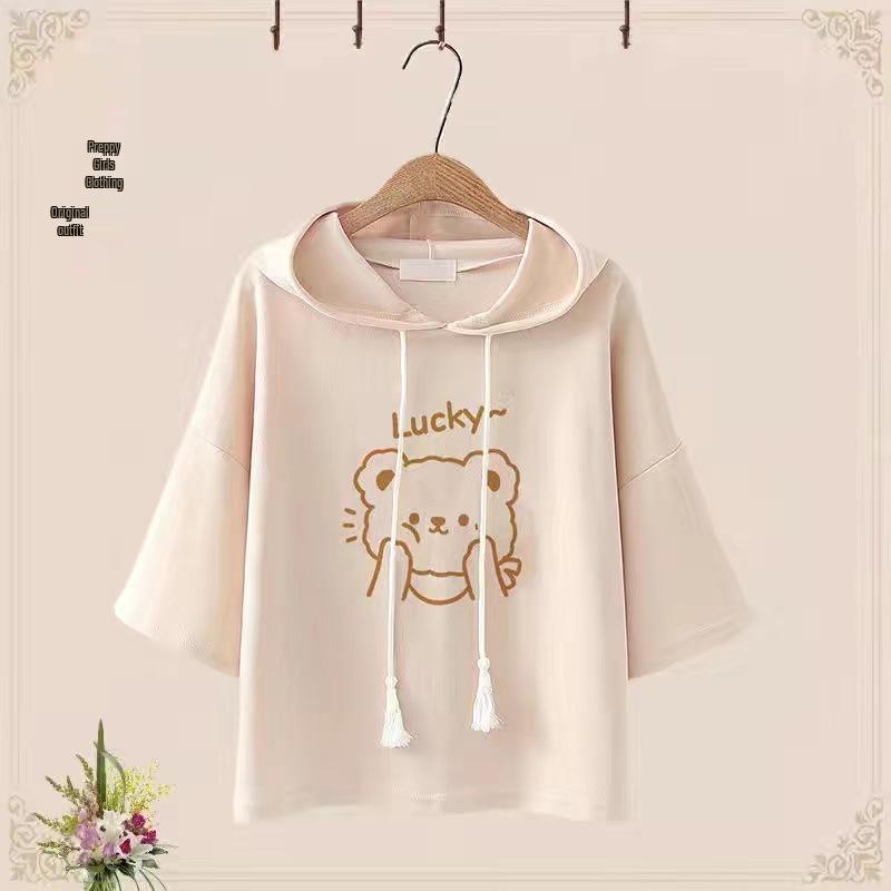 2024 Junior High Girls' Cute Bear T-Shirt & Shorts Set - Japanese Style