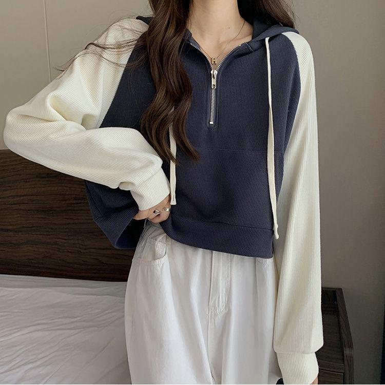 Plus Size Women's Color Block Hoodie with Patchwork Raglan Sleeves - Autumn/Winter 2025 Korean Style Zippered Hooded Top