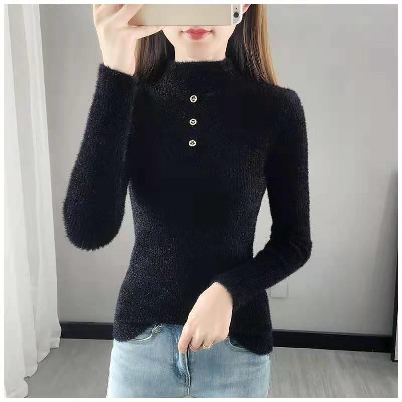 Pullover Sweater Female 2022 Mink High Neck Knitted Clothing Versatile Long Sleeve Solid