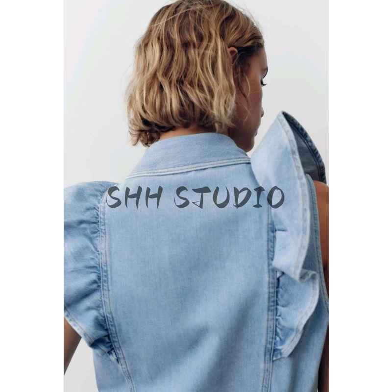 Летняя новая женская одежда Простой стиль Однобортная Без рукавов Лацкан Ламинированная отделка Джинсовая рубашка 9942155