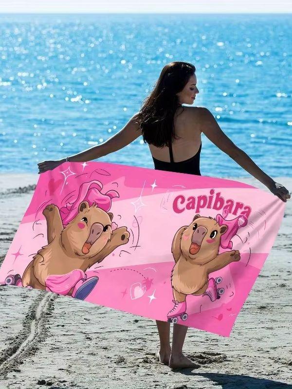 1Pc 1Pc Pink Roller Skate Capybara Beach Towel Cute Cartoon Quick Dry Bath Towel For Swimming At The Beach Absorbent Large Towe