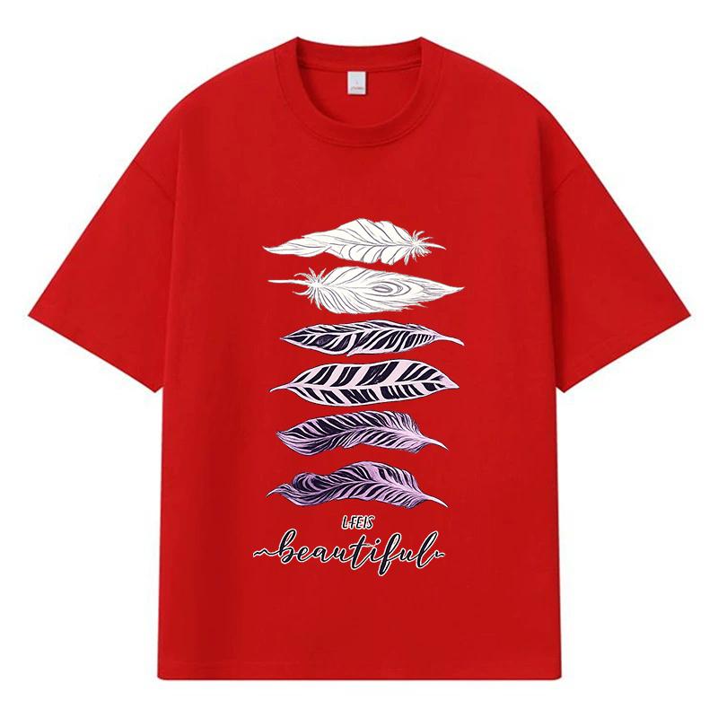 2026 Feather Printed Graphic Y2k Harajuku Streetwear 100% Cotton T Shirt Casual Oversized Summer Men T-shirt
