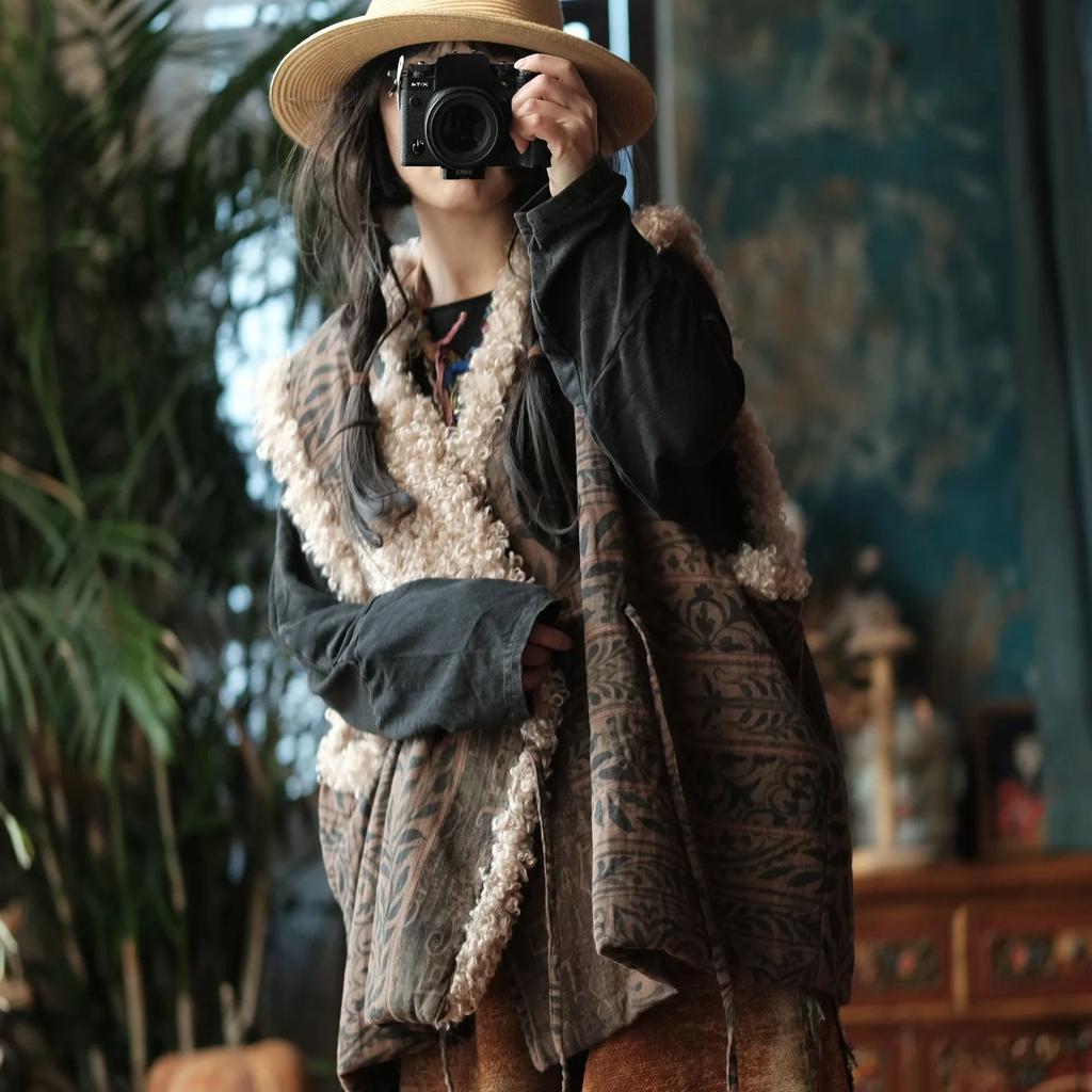 Johnature Women Vintage Print Floral Vests Coats Spring Chinese Style Warm Belt Female Coats