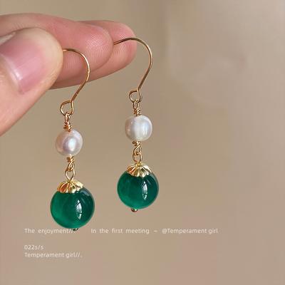 Green Agate~ Handmade Design Freshwater Pearl Jade Earrings, Court Temperament Quality Earrings