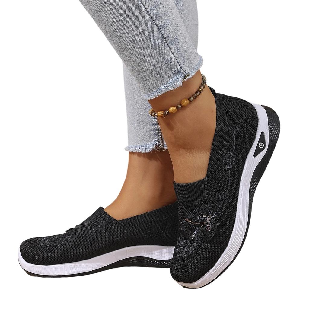 Women's Plus Size Casual Slip On Shoes Butterfly Embroidery Flyknit Mesh Lightweight Breathable Walking Sneakers for Everyday Wear