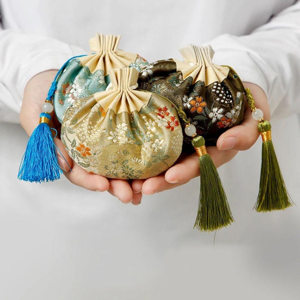 1 ks květinová vyšívaná úložná taška na šperky v čínském stylu se stahovací šňůrkou, odolná peněženka na mince