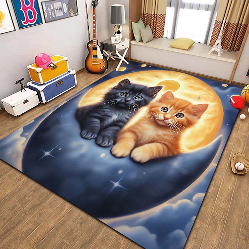 Cute Cartoon Cat Pet Animal Print Flannel Area Rug Non‑Slip Soft Floor Mat For Couch Bedroom Living Room Indoor Home Decor Gift